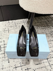 PRADA 25S SQUARE TOE HIGH HEELS IN BLACK GLOSSY CALFSKIN