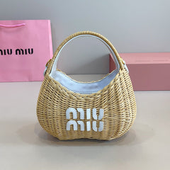 WANDER WICKER HOBO BAG 13 IN TAN BROWN HANDWOVEN WITH WHITE CALFSKIN LOGO