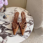 Slingback Ash Brown Leather With Stylized Cross Straps - Mid Heels