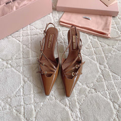 Slingback Ash Brown Leather With Stylized Cross Straps - Mid Heels