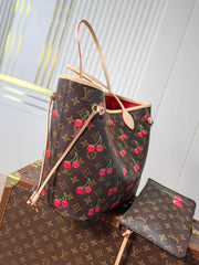 LV 25S NEVERFULL 31 IN DARK BROWN MONOGRAM CHERRY LEATHER TRIM GOLD HARDWARE