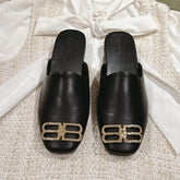 BLACK SHINY LAMBSKIN SQUARE TOE FLAT MULES GOLD BUCKLE