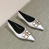 POINTED BB GOLD BUCKLE BALLET FLAT IN WHITE SHINY LAMBSKIN