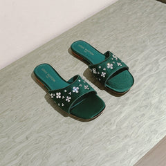 LV WOMEN FLAT MULE IN GREEN FOREST SATIN WITH RHINESTONE