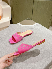 LV WOMEN FLAT MULE IN DEEP PINK SATIN WITH RHINESTONE
