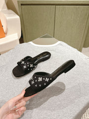 LV WOMEN FLAT MULE IN BLACK SATIN WITH RHINESTONE