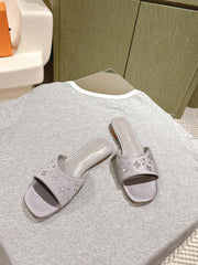 LV WOMEN FLAT MULE IN PASTEL PURPLE SATIN WITH RHINESTONE