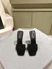 YSL 25S HEELED SANDALS 100 MM IN BLACK LAMBSKIN WITH RHINESTONE-EMBELLISHED STRAP