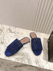 ALAIA PERFORATED SLIDE SANDALS 25S IN NAVY BLUE SUEDE
