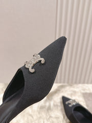 CELINE 25S ALMA TRIOMPHE MULE 45MM IN BLACK DENIM SILVER HARDWARE