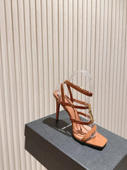 YSL 25S STILETTO HIGH-HEEL SANDALS 100 MM IN BROWN LAMBSKIN WITH GOLD HARDWARE