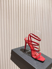 YSL 25S STILETTO HIGH-HEEL SANDALS 100 MM IN RED LAMBSKIN WITH GOLD HARDWARE