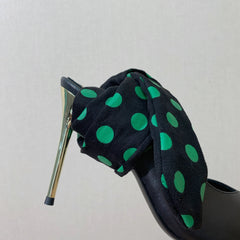 BALMAIN 25S BAKARI MULE WITH GREEN POLKA DOTS ON BLACK STRAP 95MM IN BLACK CALFSKIN