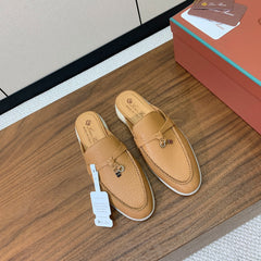 LP FLAT MULES 25S IN BROWN LAMBSKIN WITH SILVER HARDWARE