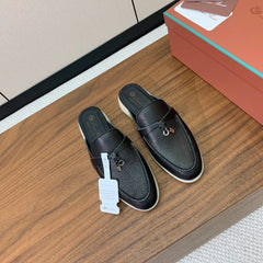 LP FLAT MULES 25S IN BLACK LAMBSKIN WITH SILVER HARDWARE