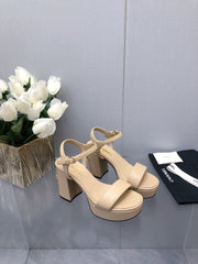 BLOCK HEEL 9 CM SANDAL IN SAND BROWN LAMBSKIN