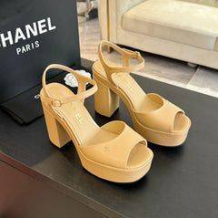 HIGH HEEL PLATFORM SANDALS IN SAND YELLOW CALFSKIN