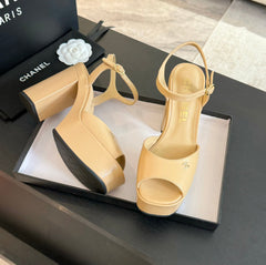 HIGH HEEL PLATFORM SANDALS IN SAND YELLOW CALFSKIN