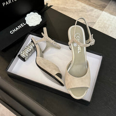 T-STRAP PEARL HEEL 85 MM SANDALS IN PASTEL GRAY SUEDE
