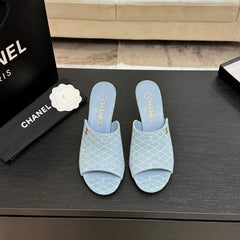 PEEP TOE MULE 85MM IN SKY BLUE DENIM CHECKERED AND LOGO