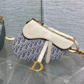 DIOR 25S SOFT SADDLE BAG 25 IN BLUE DIOR OBLIQUE CHAMBRAY AND IVORY SMOOTH CALFSKIN