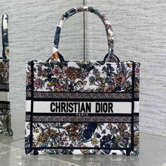 DIOR 25S LUCKY SMALL DIOR BOOK TOTE 26 IN MULTICOLOR DIOR FLOWERS CALENDAR ALLOVER EMBROIDERY