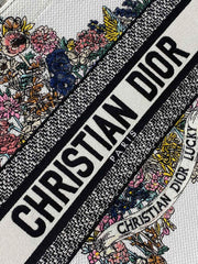 DIOR 25S LUCKY MEDIUM DIOR BOOK TOTE 36 IN WHITE MULTICOLOR DIOR STAR EMBROIDERY