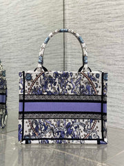 DIOR 25S SMALL BOOK TOTE 26 IN WHITE AND PURPLE DIOR NIGHT OF DREAMS EMBROIDERY