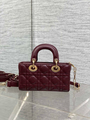 DIOR 25S SMALL LADY D‑JOY BAG 19 IN BURGUNDY CANNAGE CALFSKIN GOLD HARDWRE