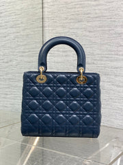 DIOR 25S MEDIUM LADY BAG 24 IN DEEP OCEAN BLUE CALFSKIN GOLD HARDWARE