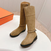 KNEE HIGH BOOTS IN CIDER BROWN SUEDE WITH SILVER BUCKLE