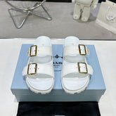 PRADA 25S STRAP SLIDES 30MM IN WHITE CALFSKIN GOLD HARDWARE