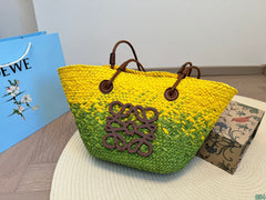 LOE SMALL ANAGRAM BASKET 28 BAG IN YELLOW MIX GREEN IRACA PALM AND CALFSKIN