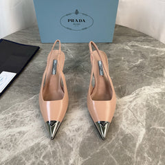 PRADA 25S METAL-TOE SLINGBACK PUMPS IN WARM BEIGE CALFSKIN