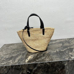 CELINE 25S TEEN BAG 22 IN NATURAL MIX BLACK RAFFIA CALFSKIN SHOULDER STRAP