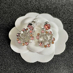 DOUBLE C STUD EARRINGS IN SILVER METAL WHITE & PINK STONES