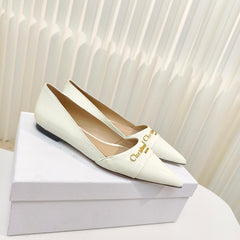 DIOR POINTED BALLET FLATS 25S IN CREAM WHITE GLOSSY LEATHER WITH GOLD HARDWARE
