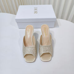 DIOR EMBELLISHED HIGH HEEL SLIDES 25S IN LIGHT BEIGE SATIN AND CALFSKIN