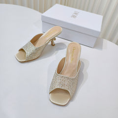 DIOR EMBELLISHED HIGH HEEL SLIDES 25S IN LIGHT BEIGE SATIN AND CALFSKIN