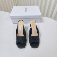 DIOR EMBELLISHED HIGH HEEL SLIDES 25S IN BLACK SATIN AND CALFSKIN