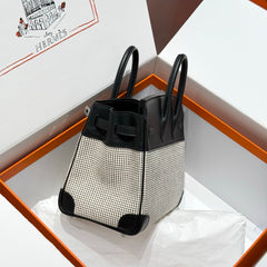 QUADRILLE BIRKIN 25CM IN BLACK SWIFT CALFSKIN WHITE BLACK PLAID TOILE CANVAS