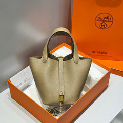 HERMES 25S PICOTIN LOCK 18 IN OLIVE GOLD CALFSKIN GOLD HARDWARE