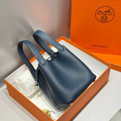 HERMES 25S PICOTIN LOCK 18 IN NAVY BLUE CALFSKIN SILVER HARDWARE