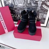 VIV' WINTER FUR STRASS BUCKLE ANKLE BOOTS IN BLACK SUEDE