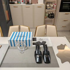 PRA SQUARE TOE MULES BLACK CALFSKIN WITH LOGO