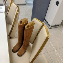 KNEE BOOTS WITH TRIANGLE LOGO IN CAMEL SUEDE