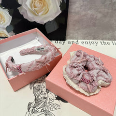 SET HEADBAND AND HAIR TIE IN LIGHT PINK FABRIC ATTACHED BOWS 432848