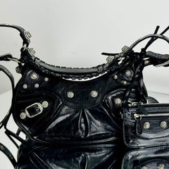 LE CAGOLE SMALL SHOULDER BAG 26 WITH RHINESTONES IN BLACK ARENA LAMBSKIN SILVER HARDWARE