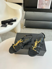 Yves SL Buckle Women Sandals Black Leather