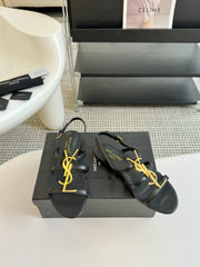 Yves SL Buckle Women Sandals Black Leather